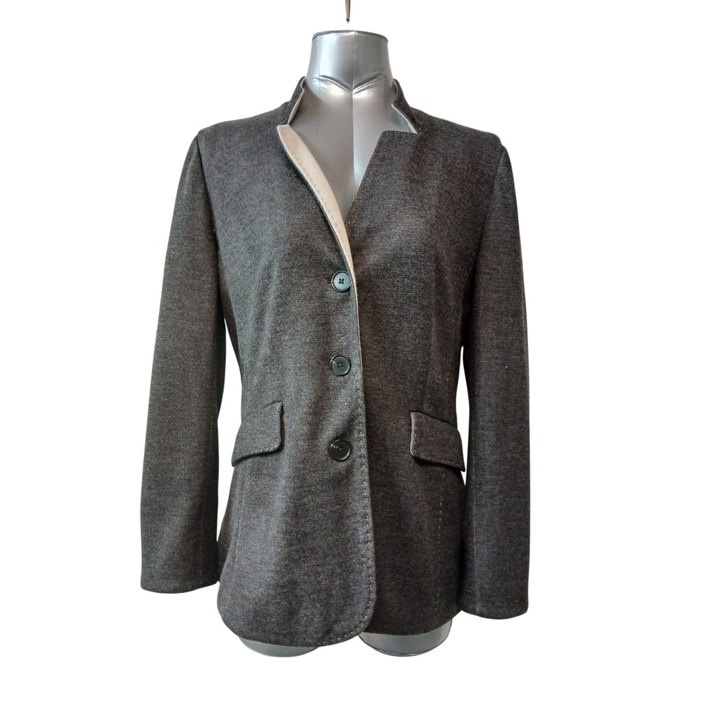 Coldwater Creek Shaped Blazer Sz M Charcoal Gray Contrast Collar and Cuffs